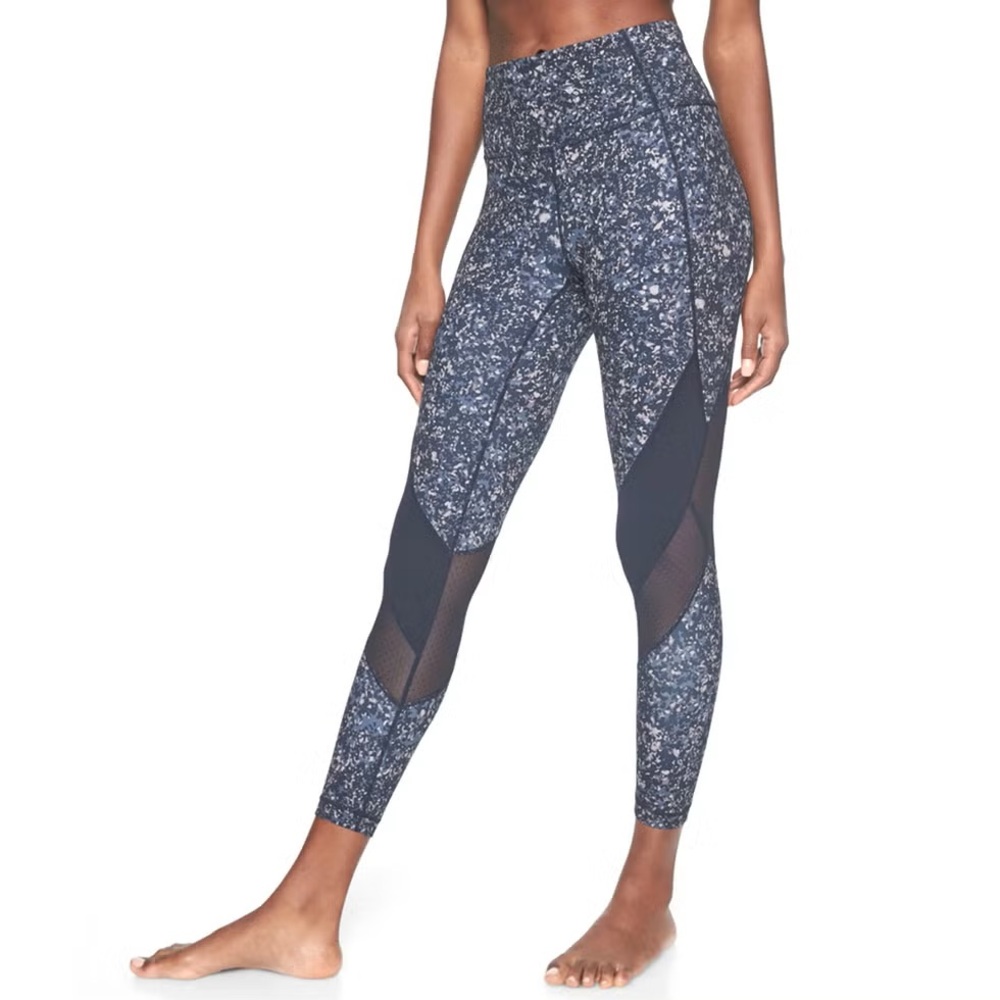 Athleta Sandstone Salutation 7/8 Tight Navy Leggings Pattern Mesh Details
